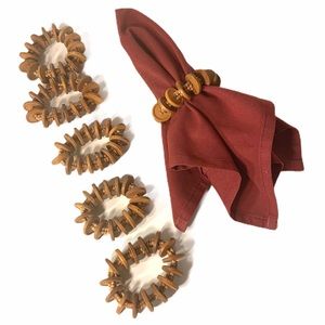 **SOLD** Set of 6 Brown Wood Disc Button Bead Napkin Rings